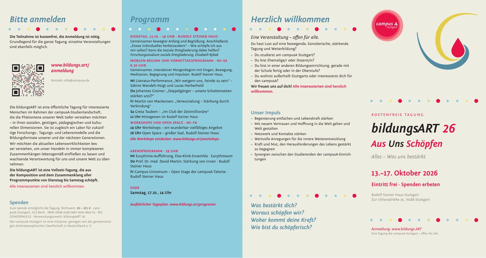 Flyer, Innenseite: Anmeldung, Programm, Begrüßung und Titelfeld