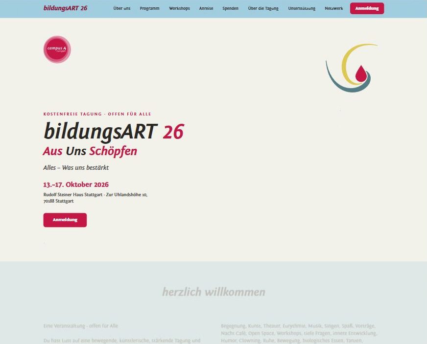 Startseite von bildungs.art am Desktop: Titel bildungsART 26, Aus Uns Schöpfen, Datum und Anmeldeknopf